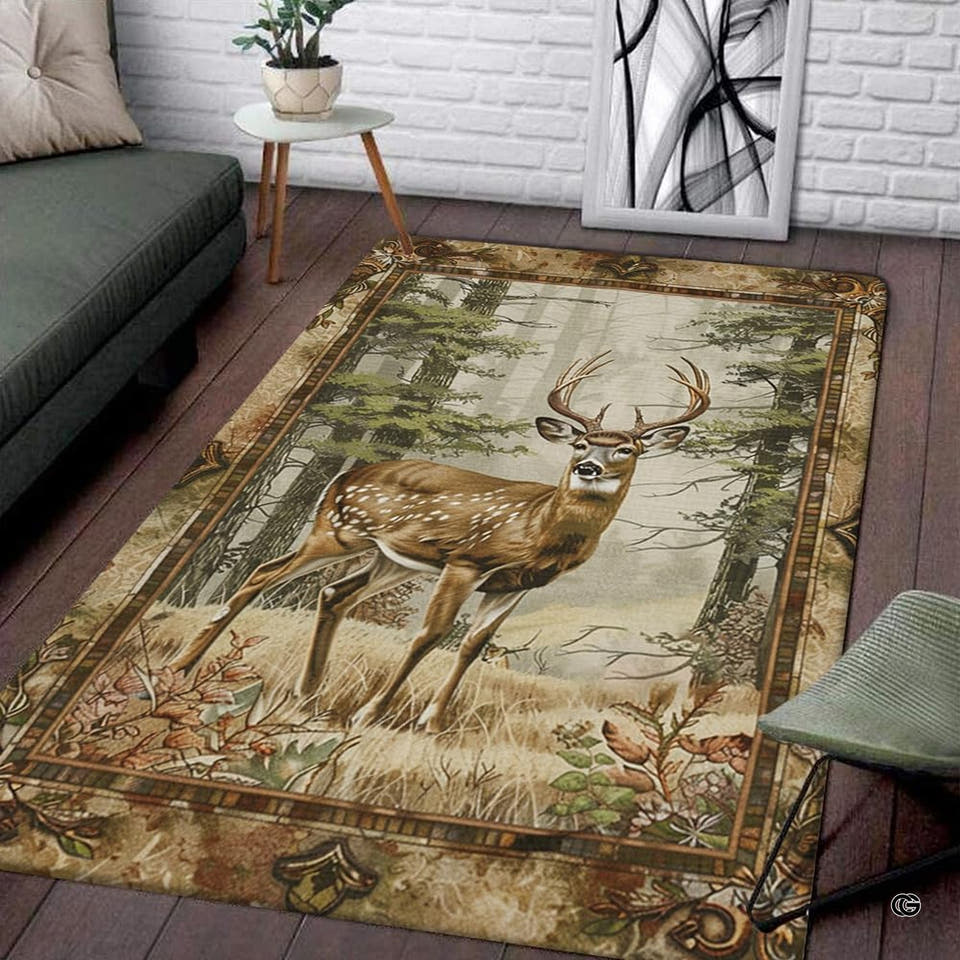 Whitetail buck wilderness lodge area rug displayed in a cozy cabin living room with rustic wood furnishings.