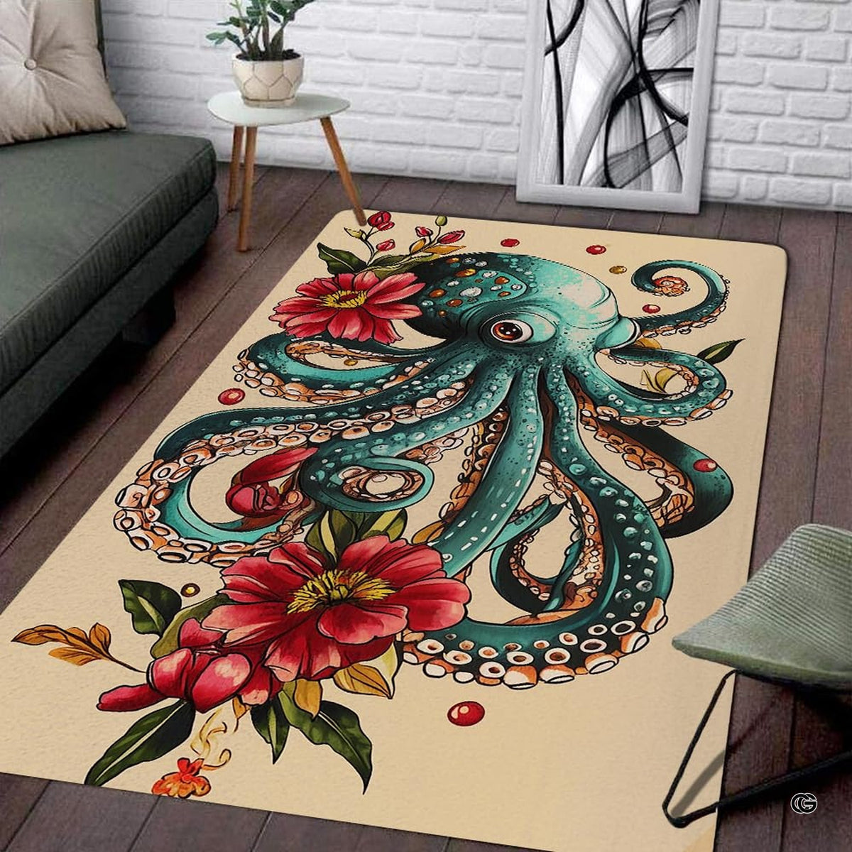 Teal octopus floral peony art illustration rectangular area rug.