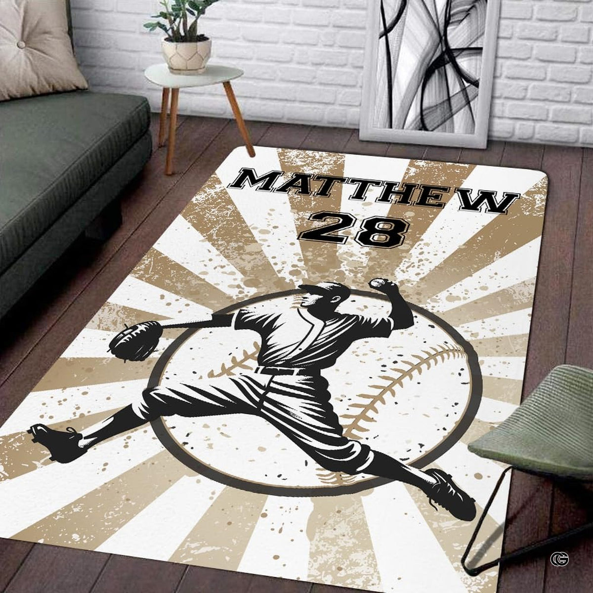 Vintage baseball pitcher illustration area rug featuring earthy tan distressed sunburst artwork. - image 1 of 7
