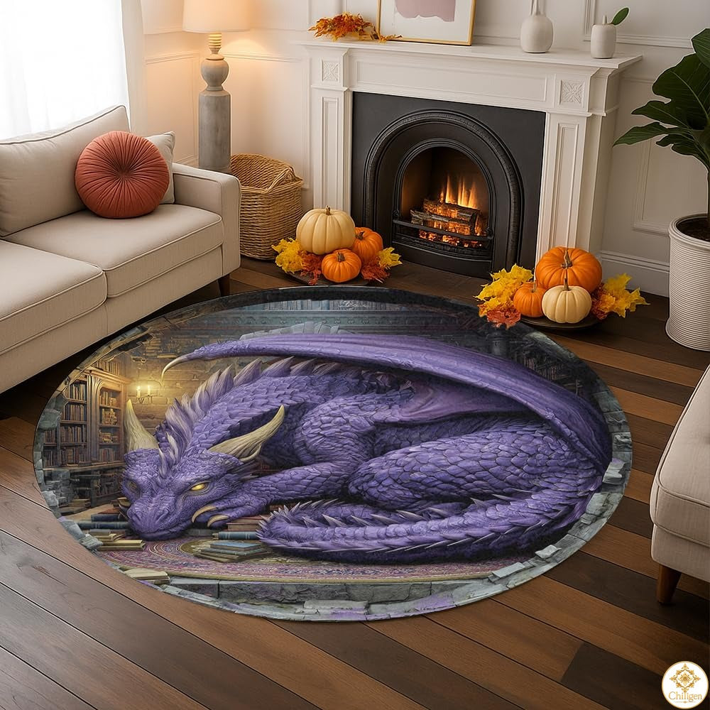 Personalized Dragon Round Rug for Library and Bedroom