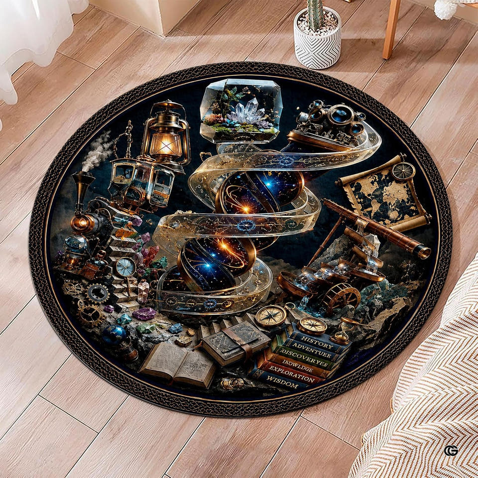 Steampunk celestial alchemy observatory circular area rug in primary perspective