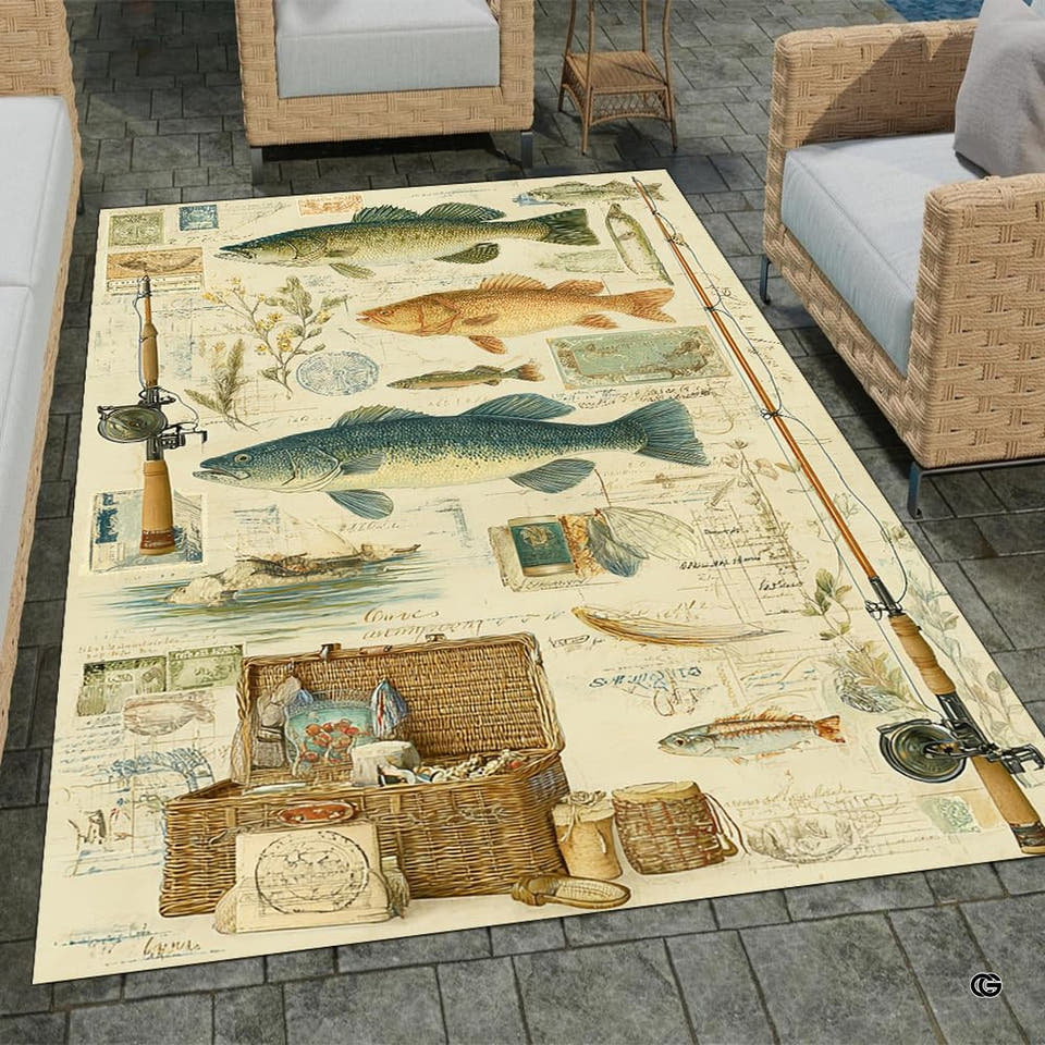 Vintage fishing lures area rug laid out across a cozy rustic cabin living room floor.