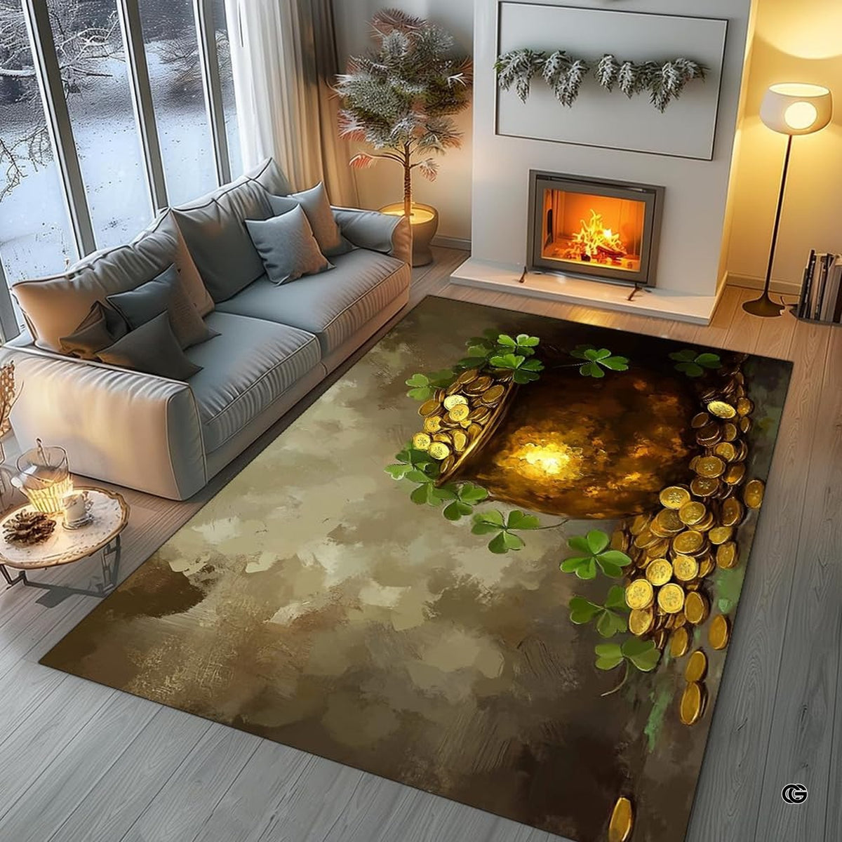 Cozy modern living room arrangement styling the Irish pot of gold shamrock rug - image 5 of 9