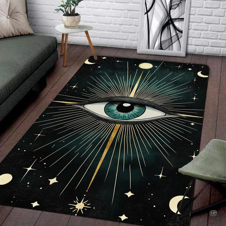 Living room setup with fireplace and couch showcasing evil eye celestial sunburst area rug