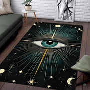 Living room setup with fireplace and couch showcasing evil eye celestial sunburst area rug - thumbnail image 1 of 8