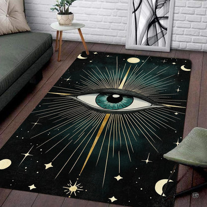 Living room setup with fireplace and couch showcasing evil eye celestial sunburst area rug - thumbnail image 1 of 8