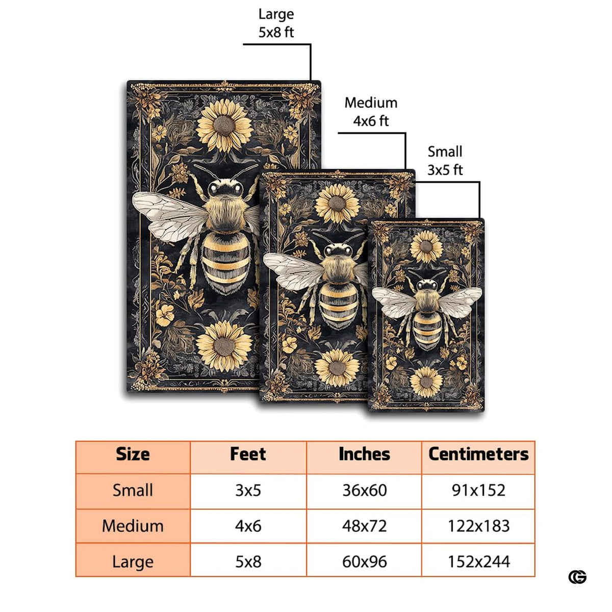Living room mockup highlighting the golden honeybee and sunflower tapestry print area rug - image 2 of 8