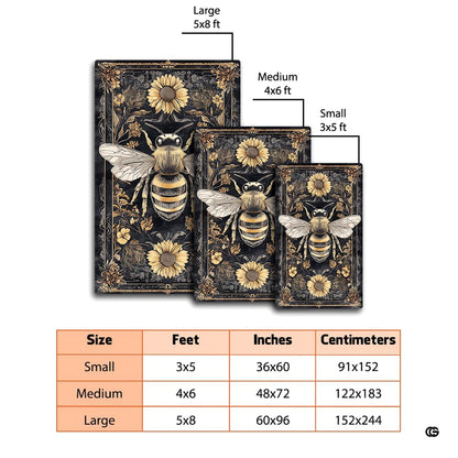 Living room mockup highlighting the golden honeybee and sunflower tapestry print area rug - thumbnail image 2 of 8