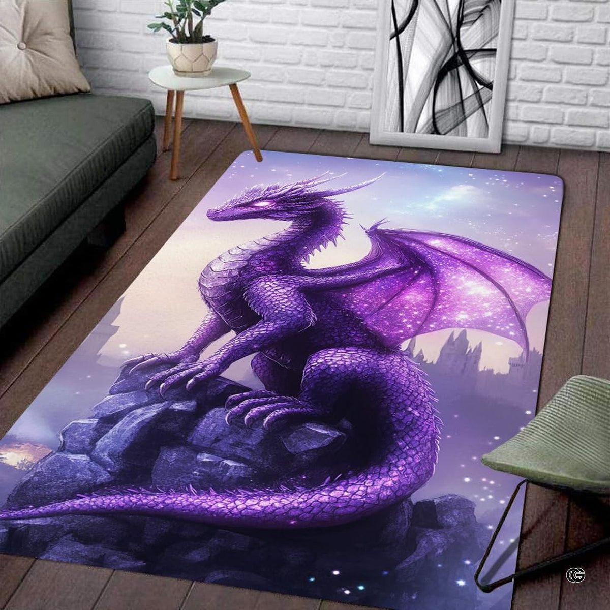 Purple dragon glow area rug highlighting celestial wings and rocky cliff view.