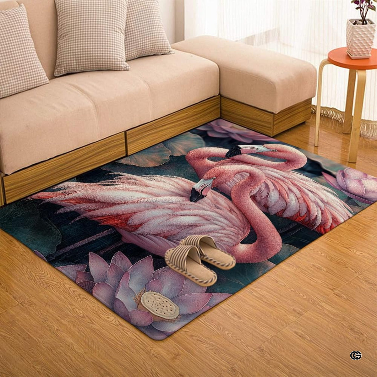 Home lounge arrangement displaying the botanical pink flamingo water lily accent rug - image 7 of 7