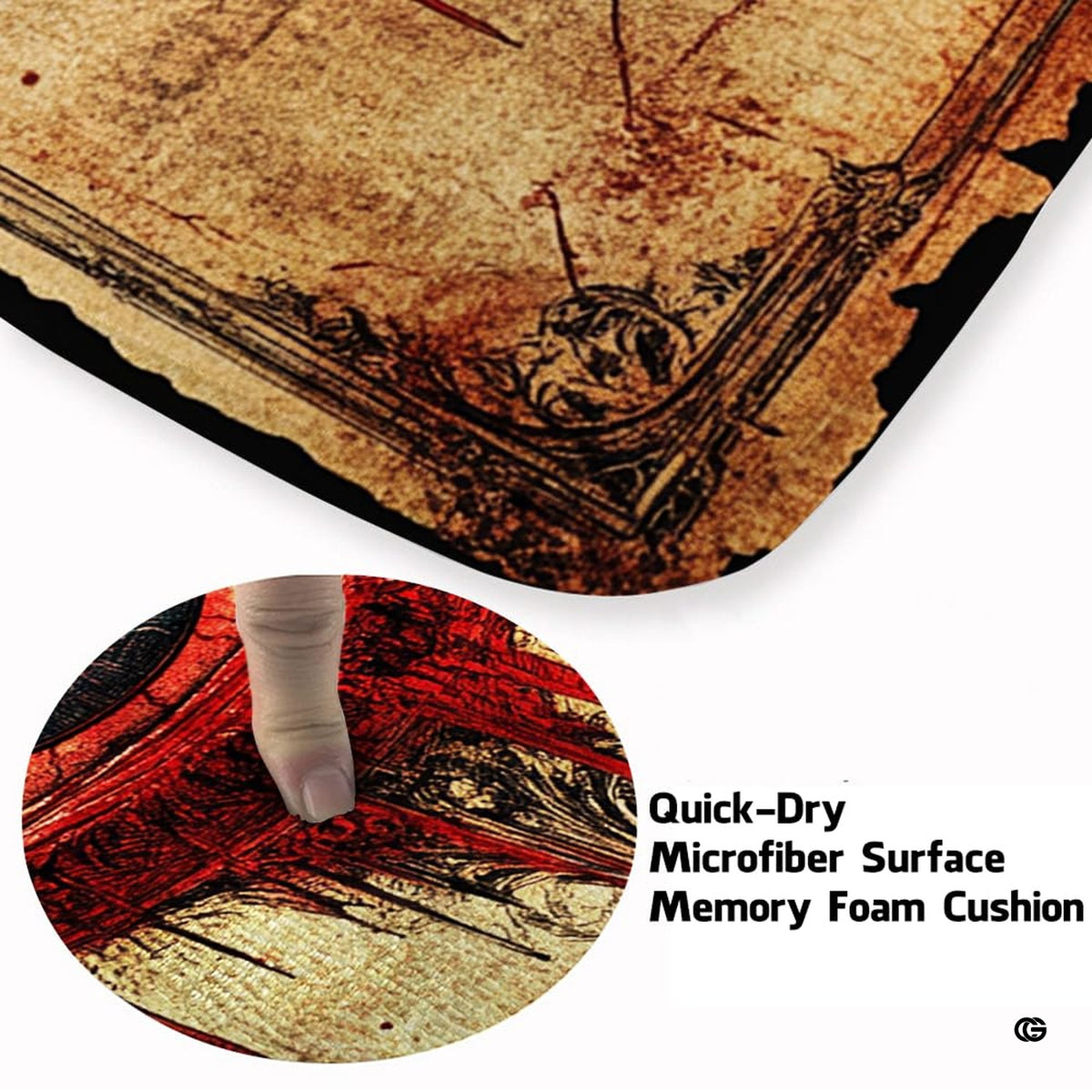 Occult area rug displaying teal-blue weeping eye motif with dripping red splatters on aged parchment.