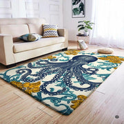Blue octopus area rug styled on light wood floor in modern living room setting. - thumbnail image 4 of 7