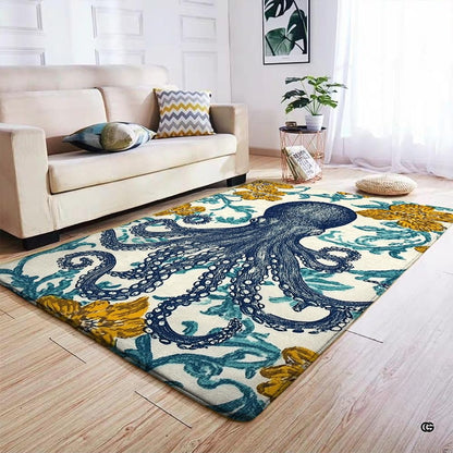 Blue octopus area rug styled on light wood floor in modern living room setting. - thumbnail image 4 of 7