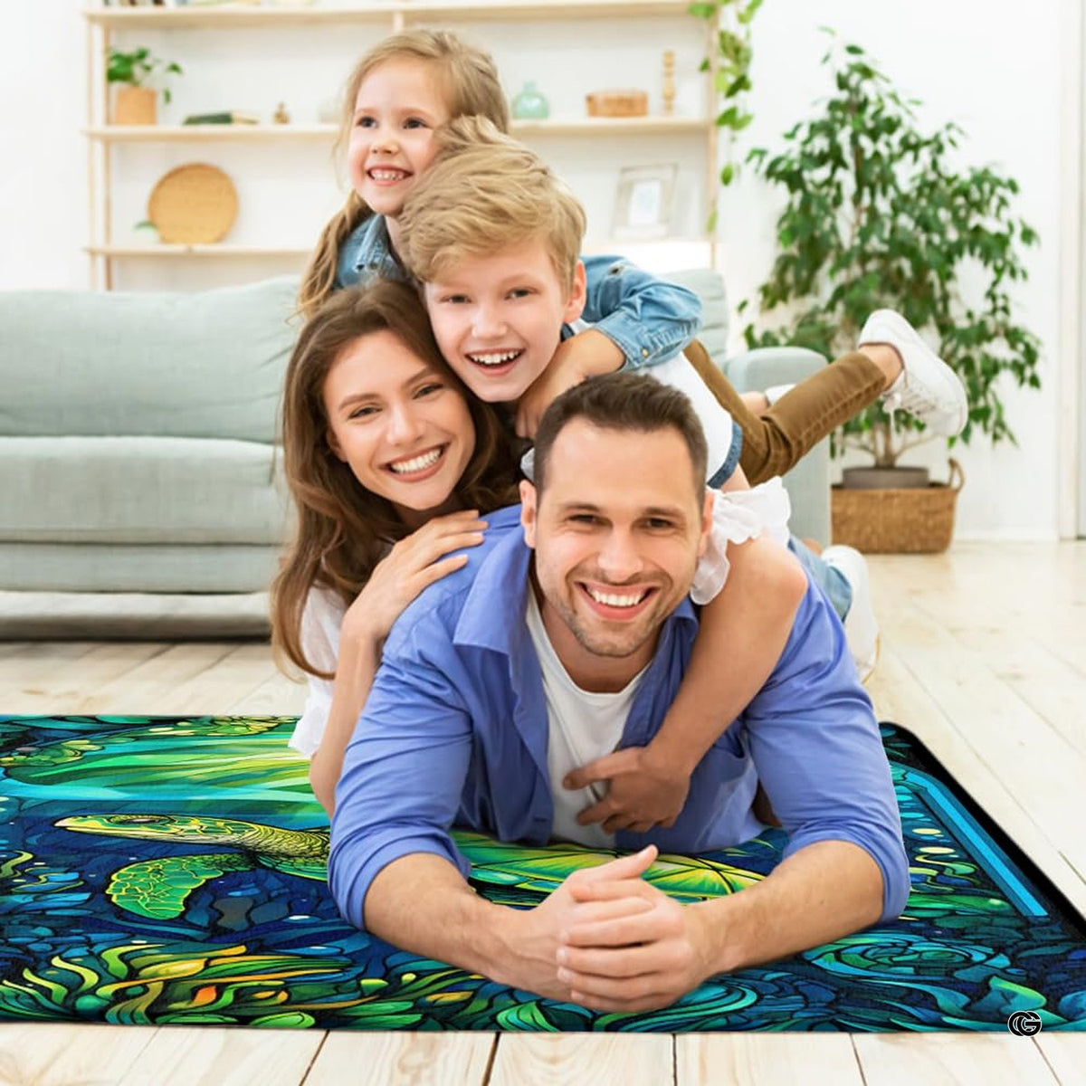 Bright sunroom setting with the stained glass sea turtle rug centered on hardwood flooring - image 5 of 7