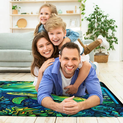Bright sunroom setting with the stained glass sea turtle rug centered on hardwood flooring - thumbnail image 5 of 7