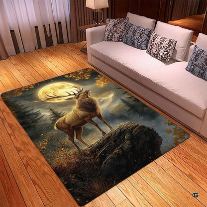 Close-up view of moonlit deer artwork and golden amber autumn foliage on a scenic nature art studio rug. - thumbnail image 2 of 5