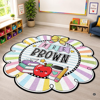 Personalized Composition Notebook Classroom Shaped Rugs for Kids (A02) | Custom Pennant Flag Carpet for Reading Corner, Non-Slip Apple Shape Rug Mat, Classroom Decor, Back To School Gift