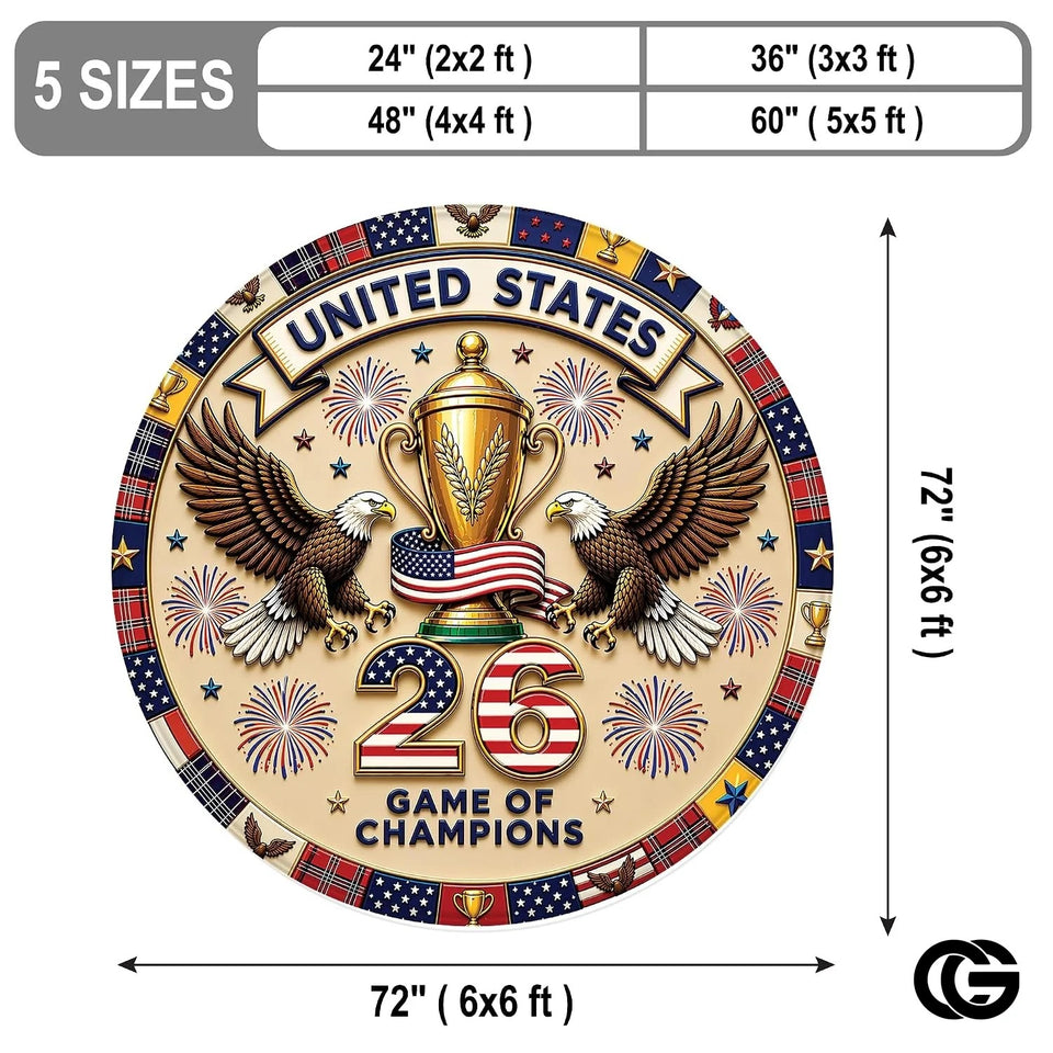 Custom Soccer Round Rug with Trophy and Flag Details