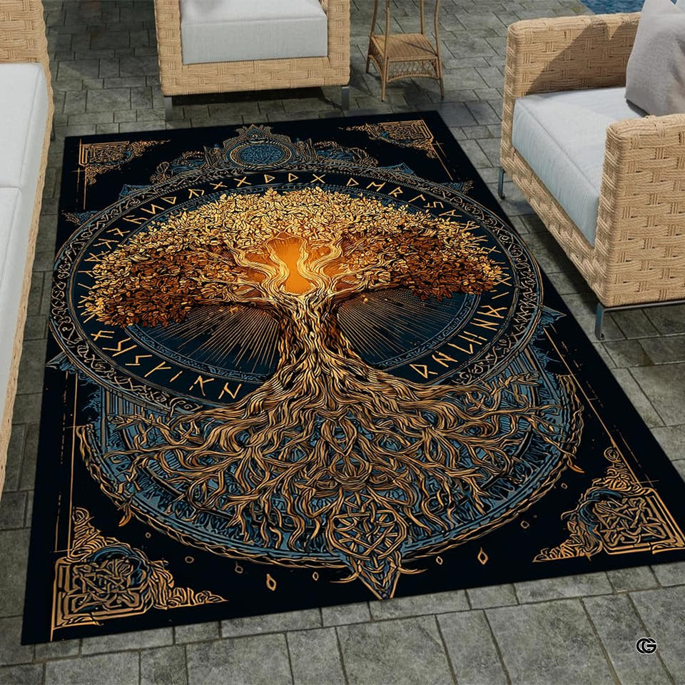 Patio stone lounge with wicker seating displaying the golden Norse Yggdrasil area rug