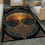 Patio stone lounge with wicker seating displaying the golden Norse Yggdrasil area rug
