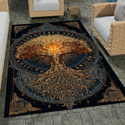 Patio stone lounge with wicker seating displaying the golden Norse Yggdrasil area rug - thumbnail image 1 of 8