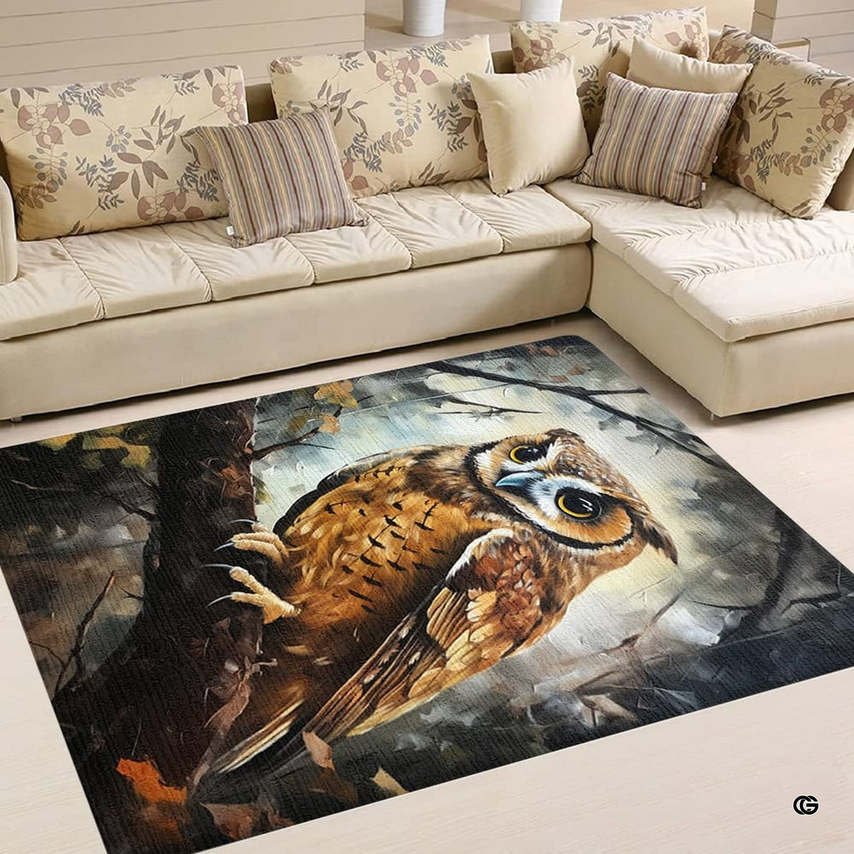 Dimension chart displaying size options for horned owl area rug. - image 2 of 8