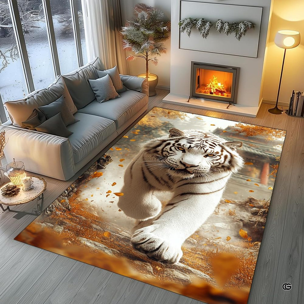 Living room arrangement showing the running white tiger rug on wooden floor - image 5 of 8