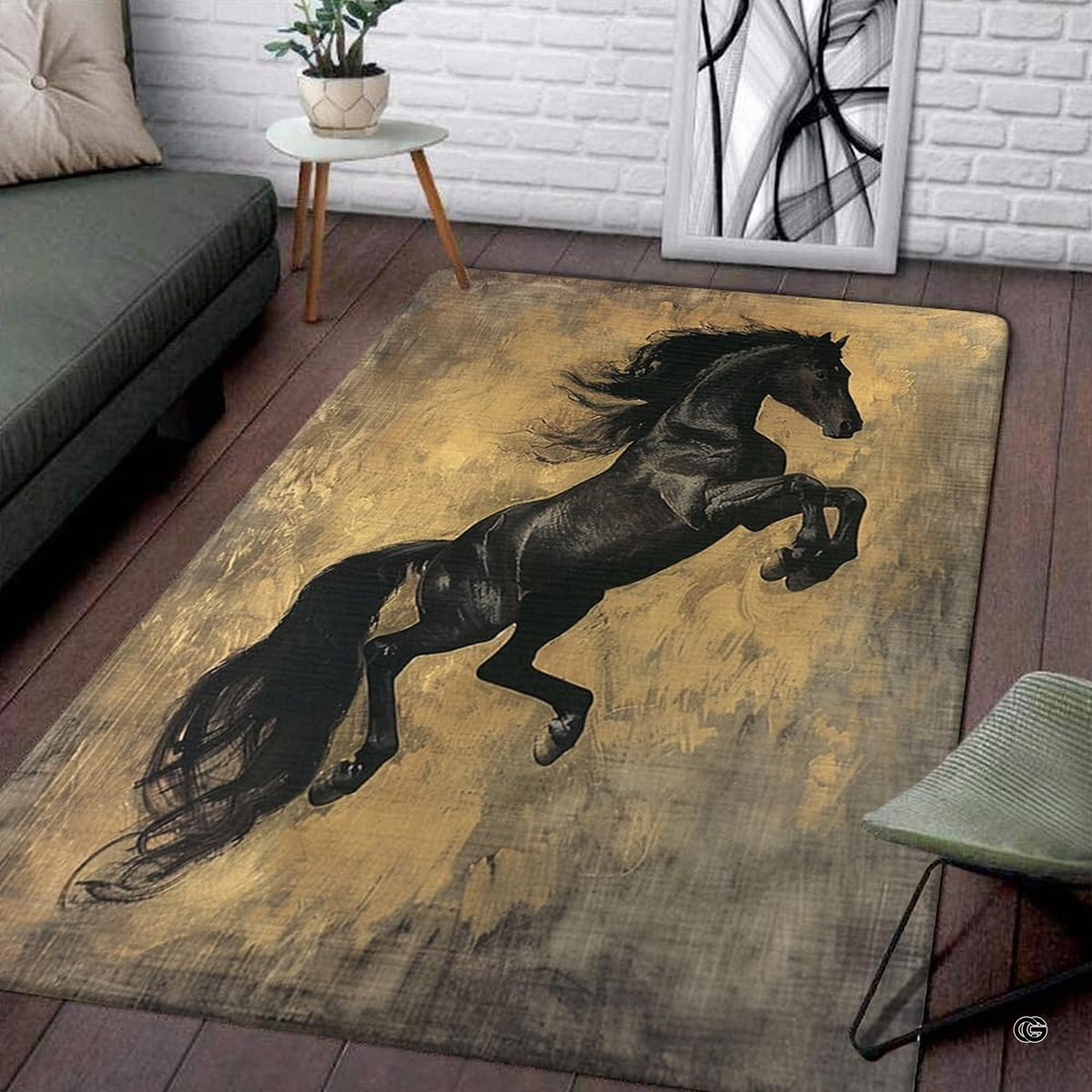 Galloping black stallion area rug with painterly gold and bronze grunge texture. - image 1 of 5