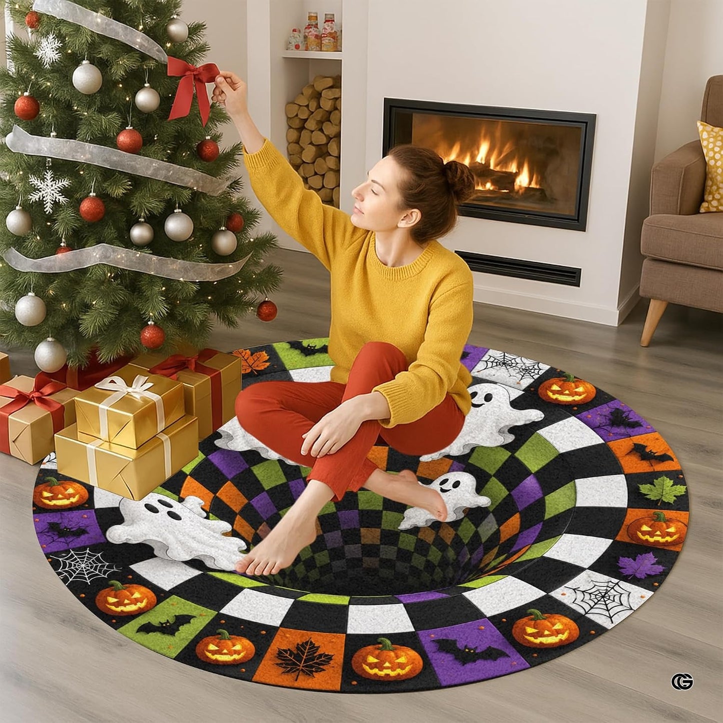 Custom Halloween 3D Optical Illusion Round Rug Skeleton Horror Area Rug (1, #1)