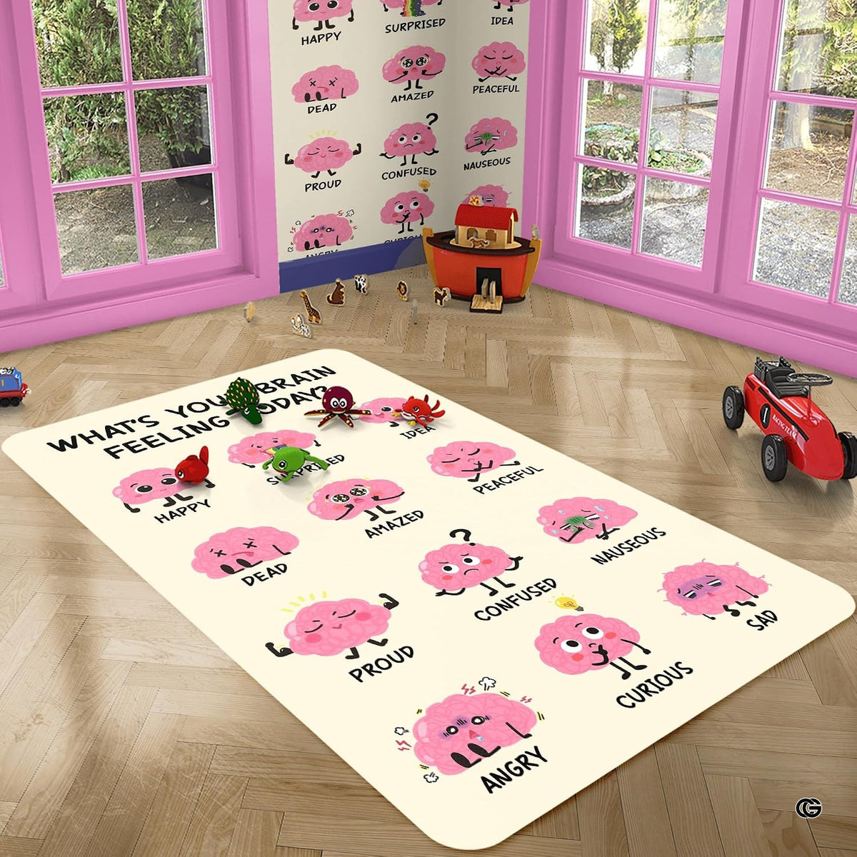 Closeup view of the soft microfiber surface and detailed emotion chart illustrations