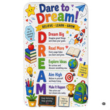 Motivational educational learning chart with colorful school illustrations on a classroom area rug
