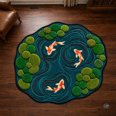Custom Japanese Koi Fish Shaped Area Rug, Personalized 3D Optical Illusion Koi Pond Lotus Non Slip Washable Shaped Floor Mat, Fish Pond Rugs for Bedroom Living Room Decor (1, D8)