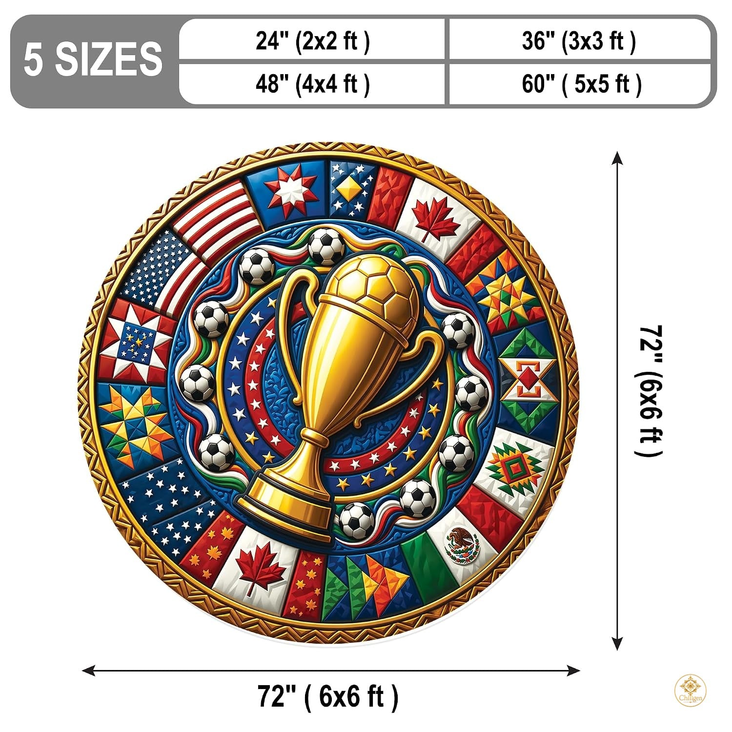 Custom Soccer Championship Round Rug with Trophy and Flag Details