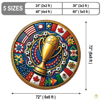 Custom Soccer Championship Round Rug with Trophy and Flag Details