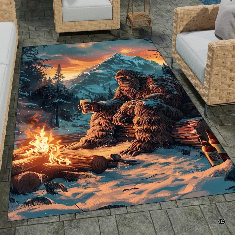 Bigfoot Sasquatch campfire mountain rectangular area rug in top overhead view