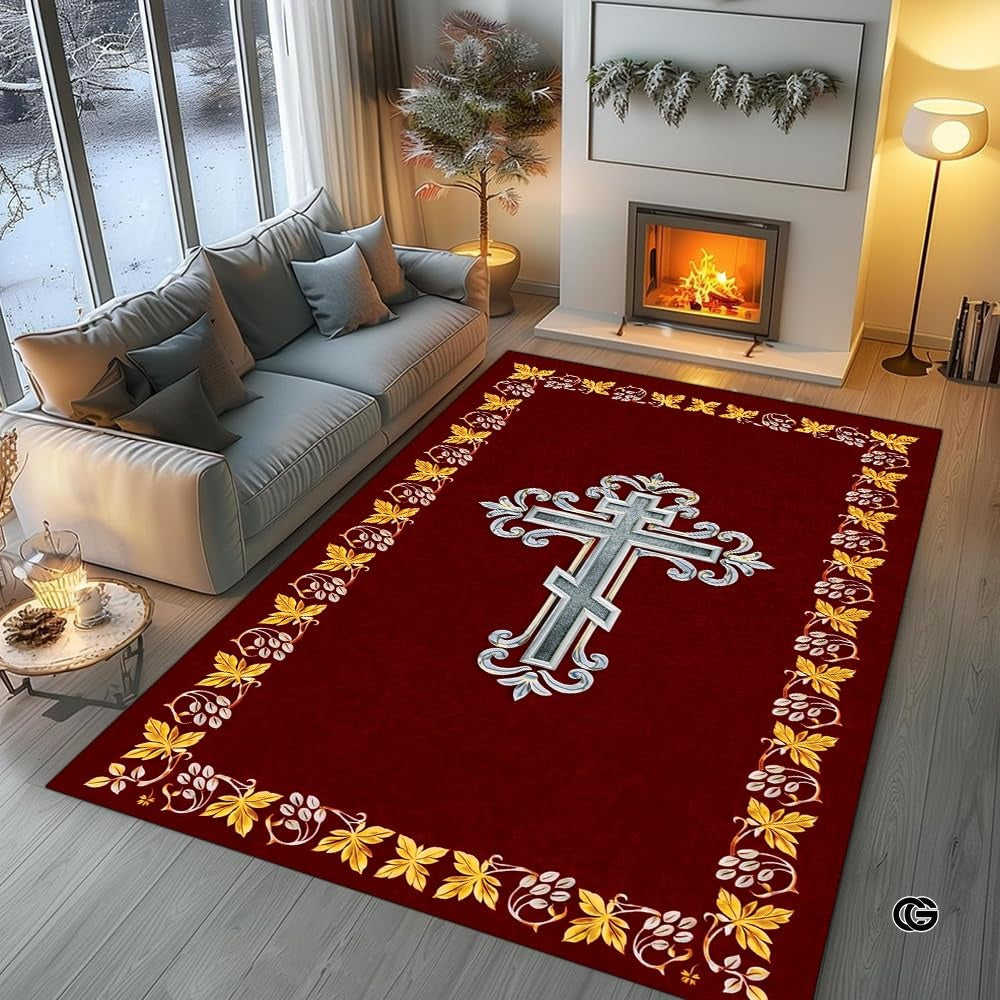 Personalized Orthodox Christian Area Rug, Custom Eastern Orthodox Russian Greek Byzantine Non-Slip Rug for Women Men, IC XC Nika Cross Mat for Living Room, Bedroom, Church Decor (D8)