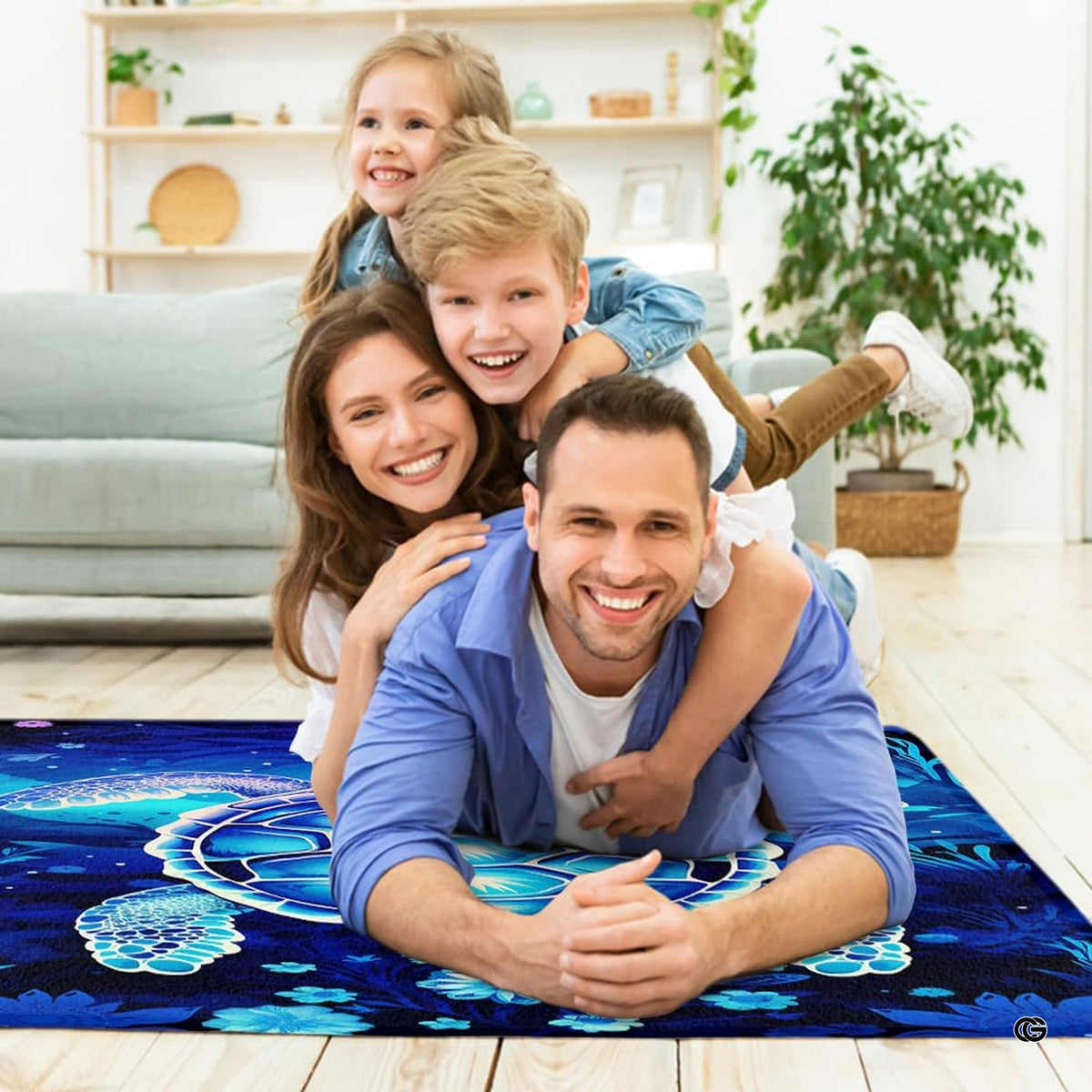 Living room setup featuring coastal sea turtle area rug under modern table. - image 5 of 7