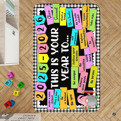 Room view highlighting the whimsical gnome and pastel school motif area rug as an artistic focal piece. - thumbnail image 8 of 8