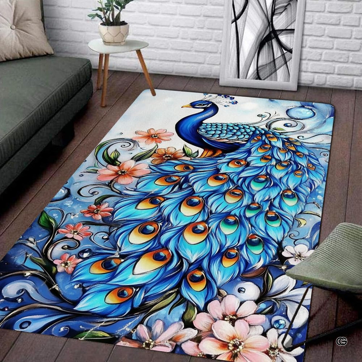 Majestic peacock area rug featuring turquoise plumage, golden eye-spots, and peach blossoms on pale blue background.