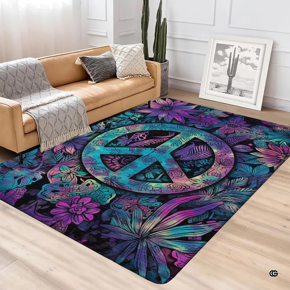 Boho peace sign area rug placed under seating area showing teal and turquoise artistic details. - image 4 of 5