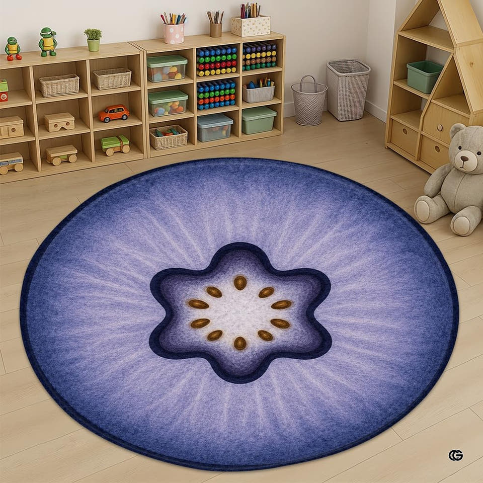 Round blueberry slice rug in a bright nursery