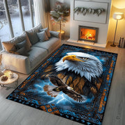 Detailed perspective of vibrant cyan and amber geometric framing on the eagle artwork floor piece. - thumbnail image 5 of 7
