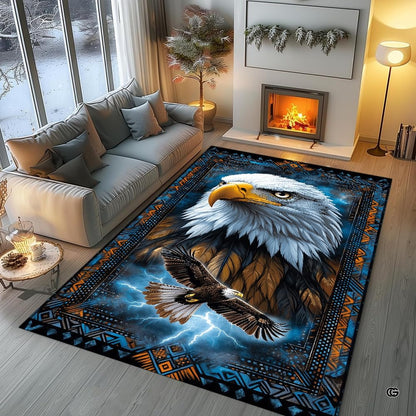 Detailed perspective of vibrant cyan and amber geometric framing on the eagle artwork floor piece. - thumbnail image 5 of 7