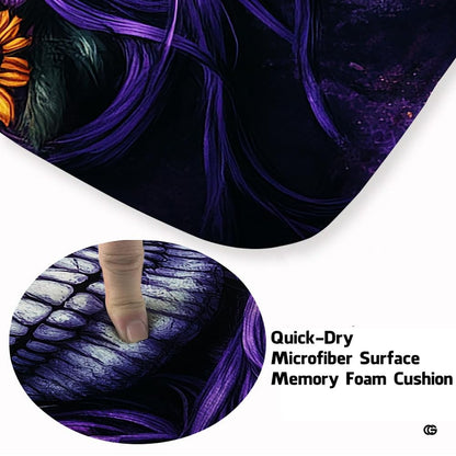 Close up texture detail of gothic skull area rug soft pile surface and hemmed edges. - thumbnail image 3 of 7