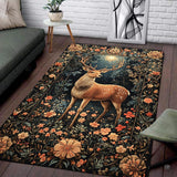 Woodland deer rug featuring a majestic antlered stag surrounded by nocturnal botanical flora and ornate border motifs.
