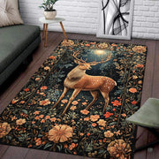 Woodland deer rug featuring a majestic antlered stag surrounded by nocturnal botanical flora and ornate border motifs. - thumbnail image 1 of 5