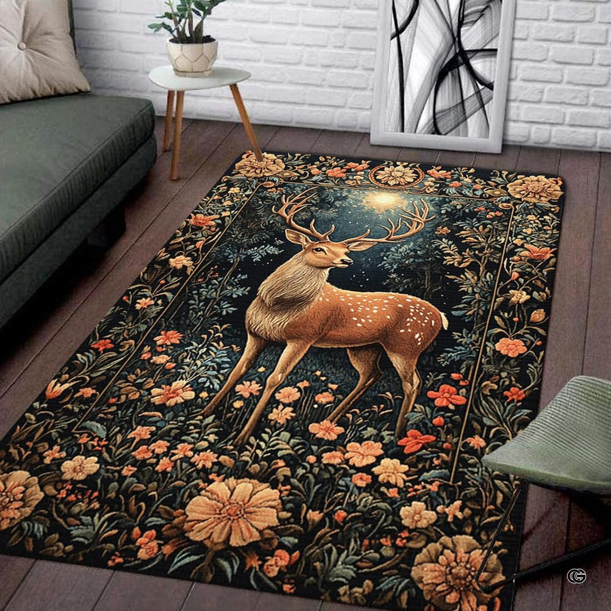 Woodland deer rug featuring a majestic antlered stag surrounded by nocturnal botanical flora and ornate border motifs. - image 1 of 5