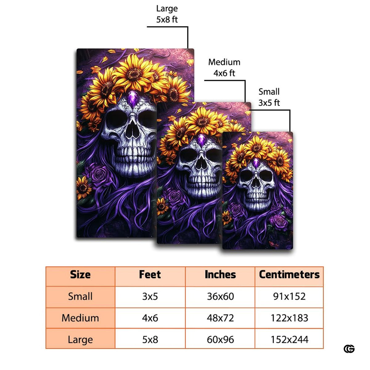 Dimension comparison chart displaying multiple size formats for this gothic skull area rug. - image 2 of 7