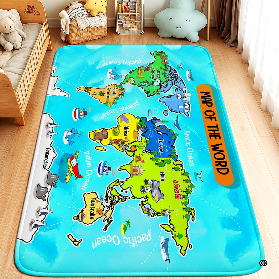 Illustrated world thematic accent classroom area rug featuring colorful continents and wildlife.