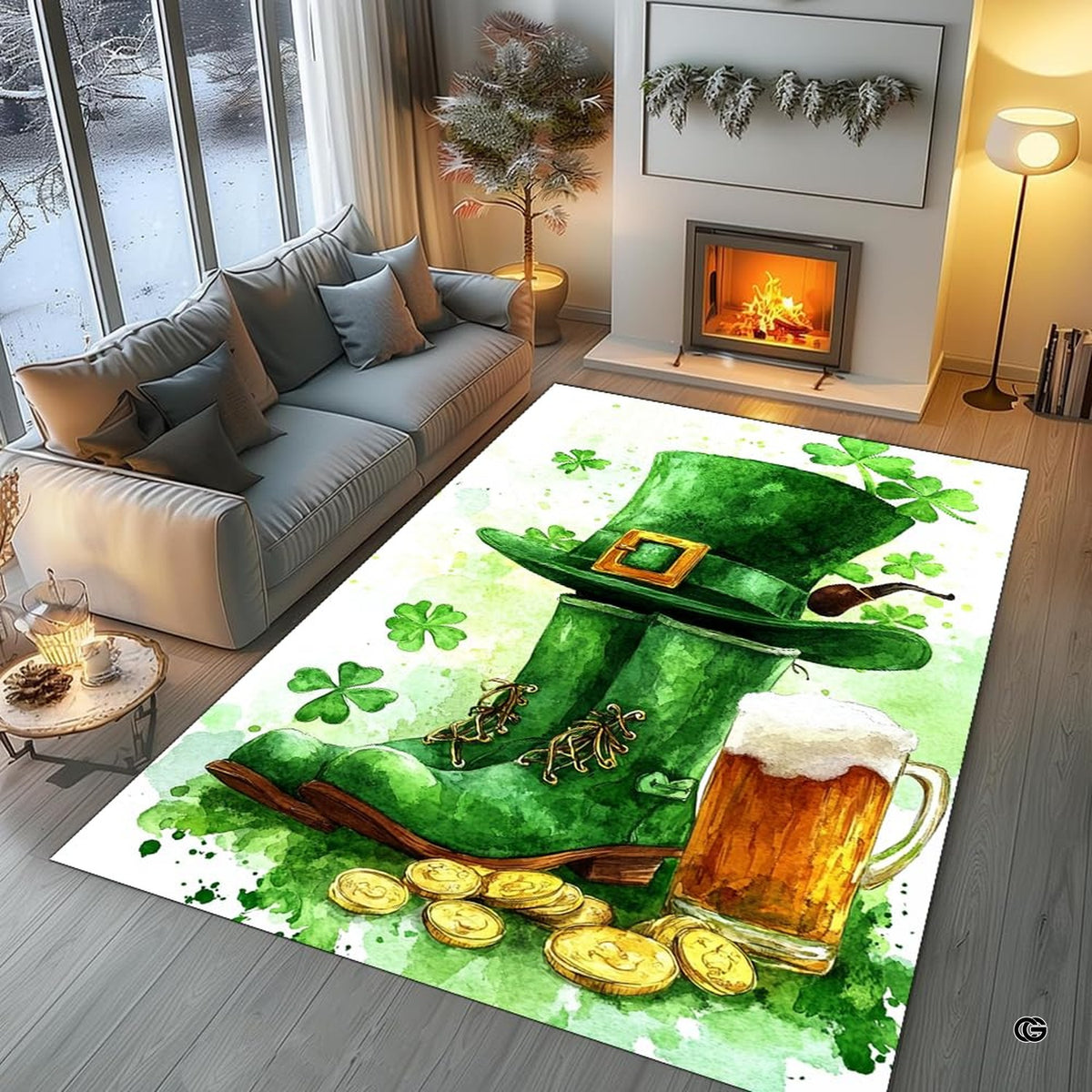 Cozy modern living room arrangement styling the leprechaun shamrock beer rug